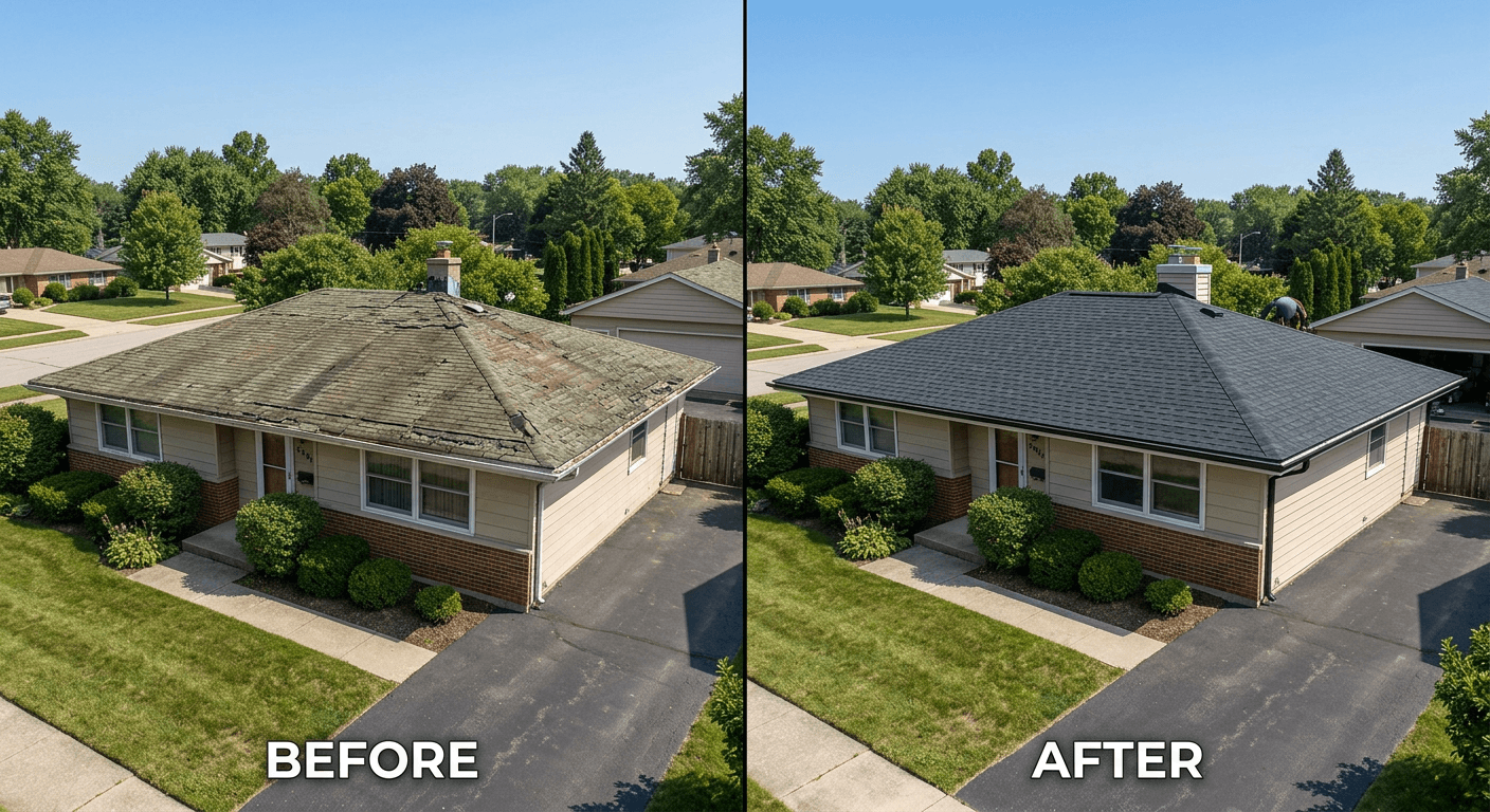 Before and after roof replacement