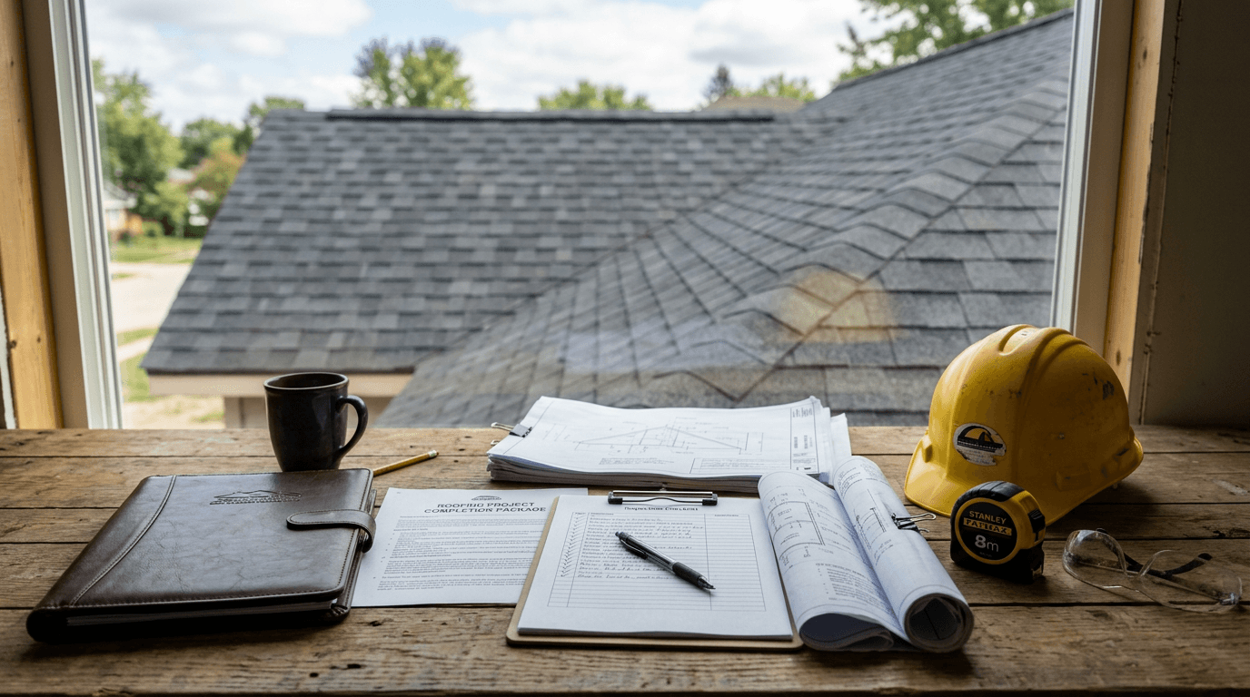 Roof warranty documents and shingle samples