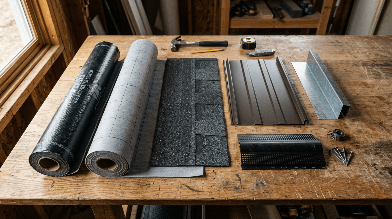 Different roofing material samples laid out